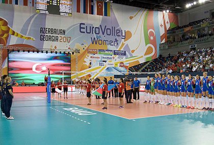 Installation of volleyball field for The 2017 Women's European Volleyball Championship